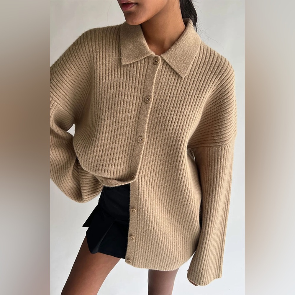 OAK + FORT - Collared Rib Knit Cardigan